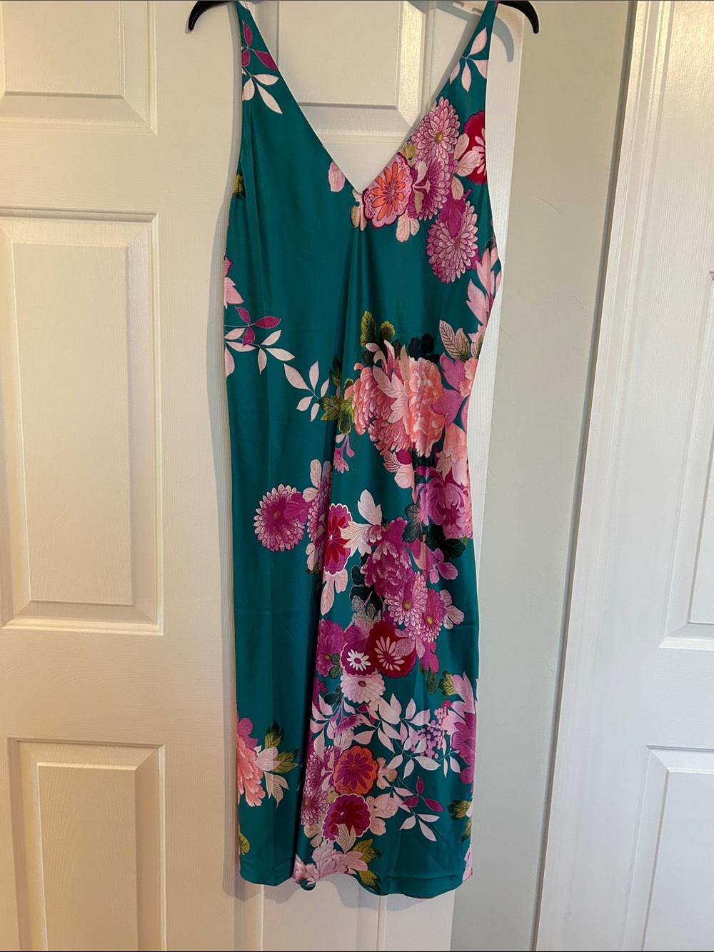 Natori Teal Blue/Green Midi Nightgown with Pink Floral Print